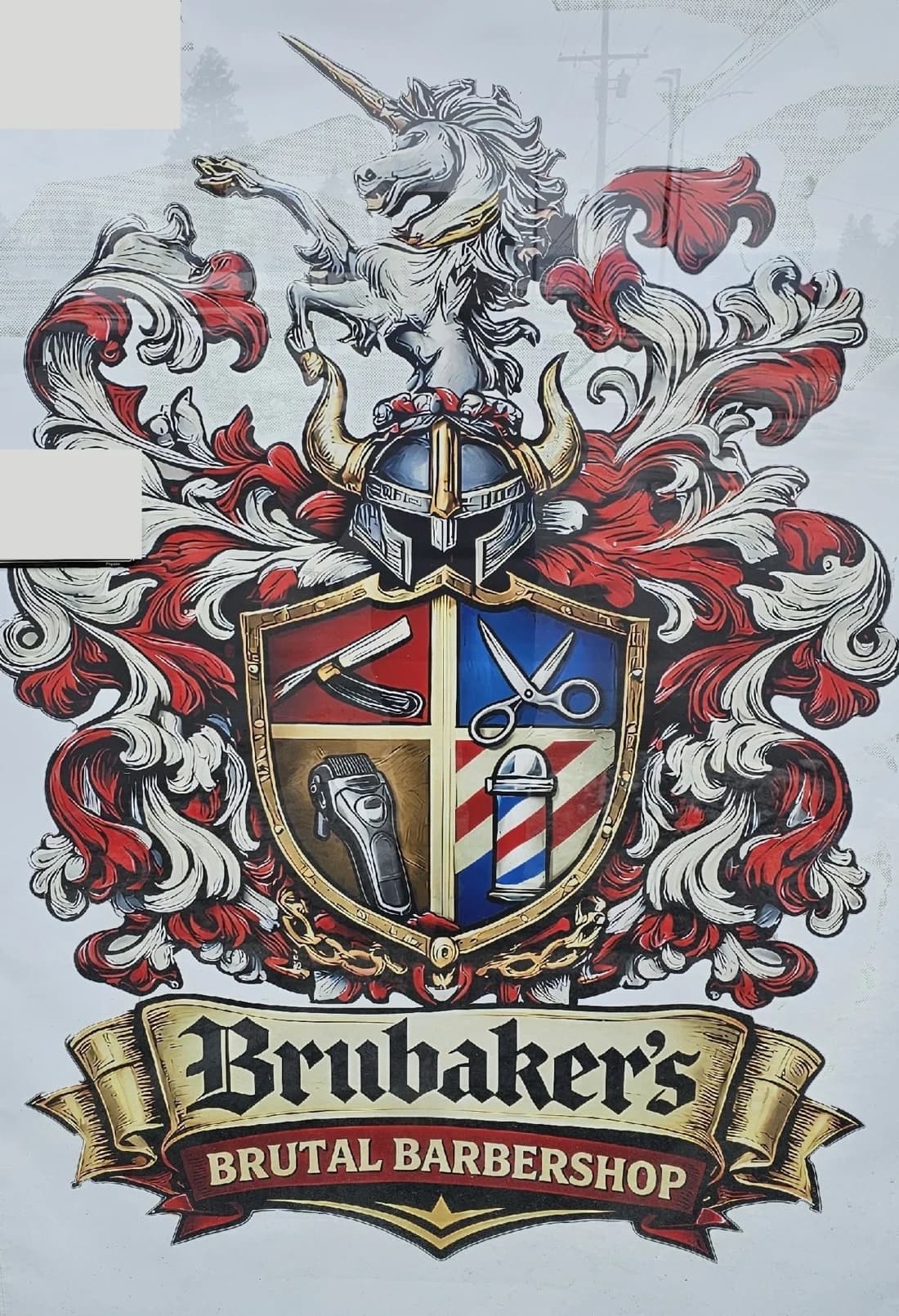 The Brubaker's crest — unicorn, viking helm, and quartered shield